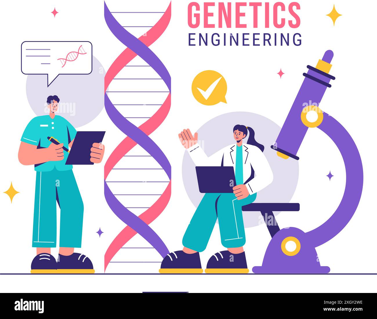 Vektor-Illustration von Gentechnik und DNA-Modifikationen mit Genetics Research oder Experiment Scientists in einem flachen Cartoon-Stil Hintergrund Stock Vektor