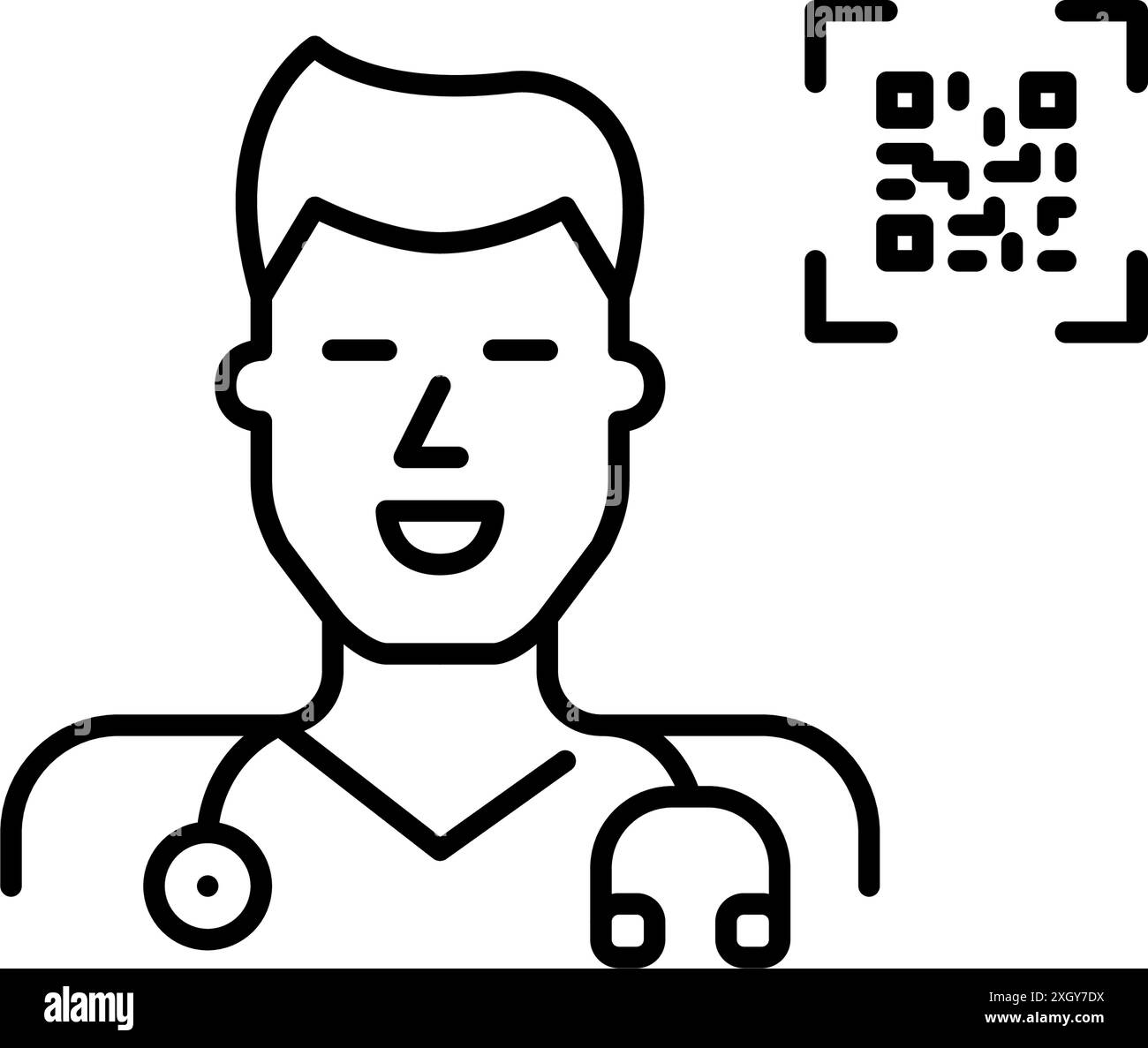 Hausarzt mit Stethoskop und qr-Code. Telemedizinische Terminvereinbarung und Beratungszugang. Pixelperfektes, bearbeitbares Konturvektorsymbol Stock Vektor