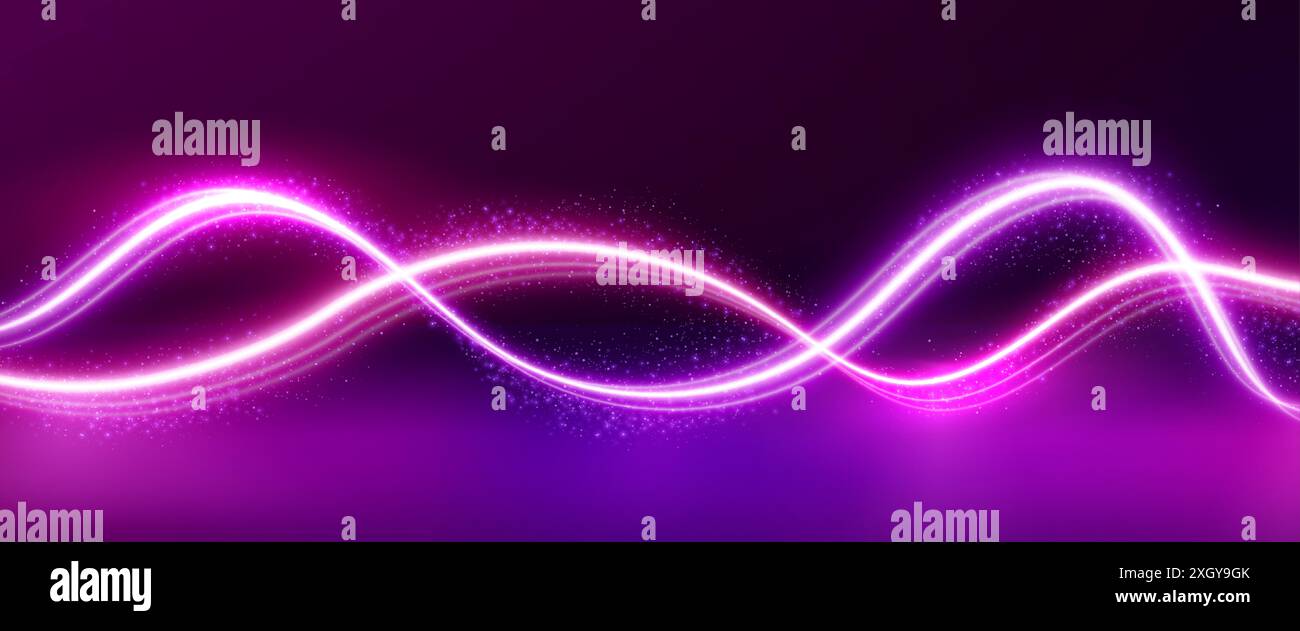 Zwei abstrakte rosa Neonlinien mit hellem Lichteffekt und magischem Schimmelstaub auf dunklem Hintergrund. Abstrakter realistischer Vektor bg mit Kurven-Energiestreifen-Swoosh. Wellige Lichtlaserfaser. Stock Vektor