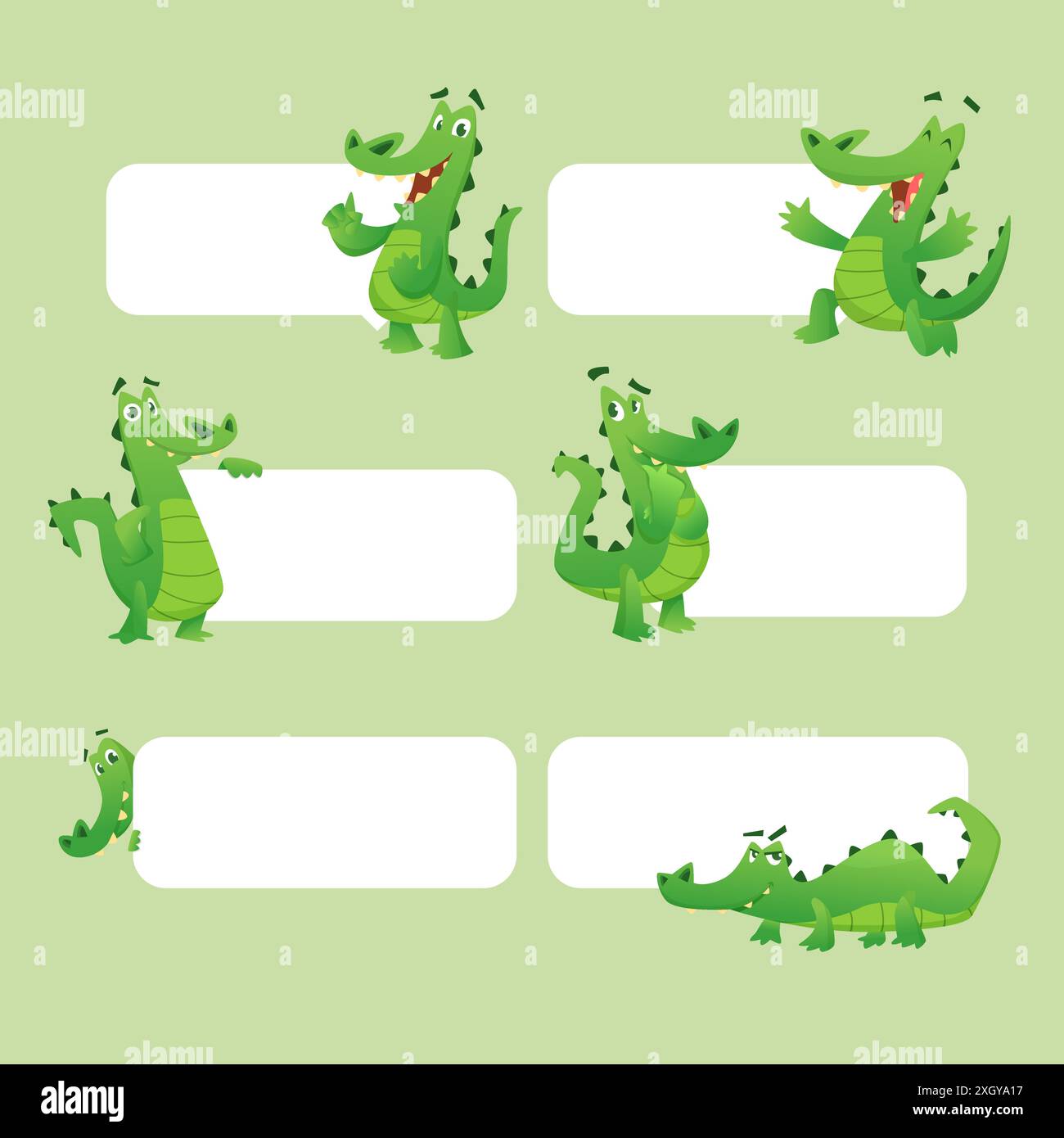 Reptil. Krokodilmaskottchen steht neben leeren weißen Bannern für persönliche SMS Stock Vektor