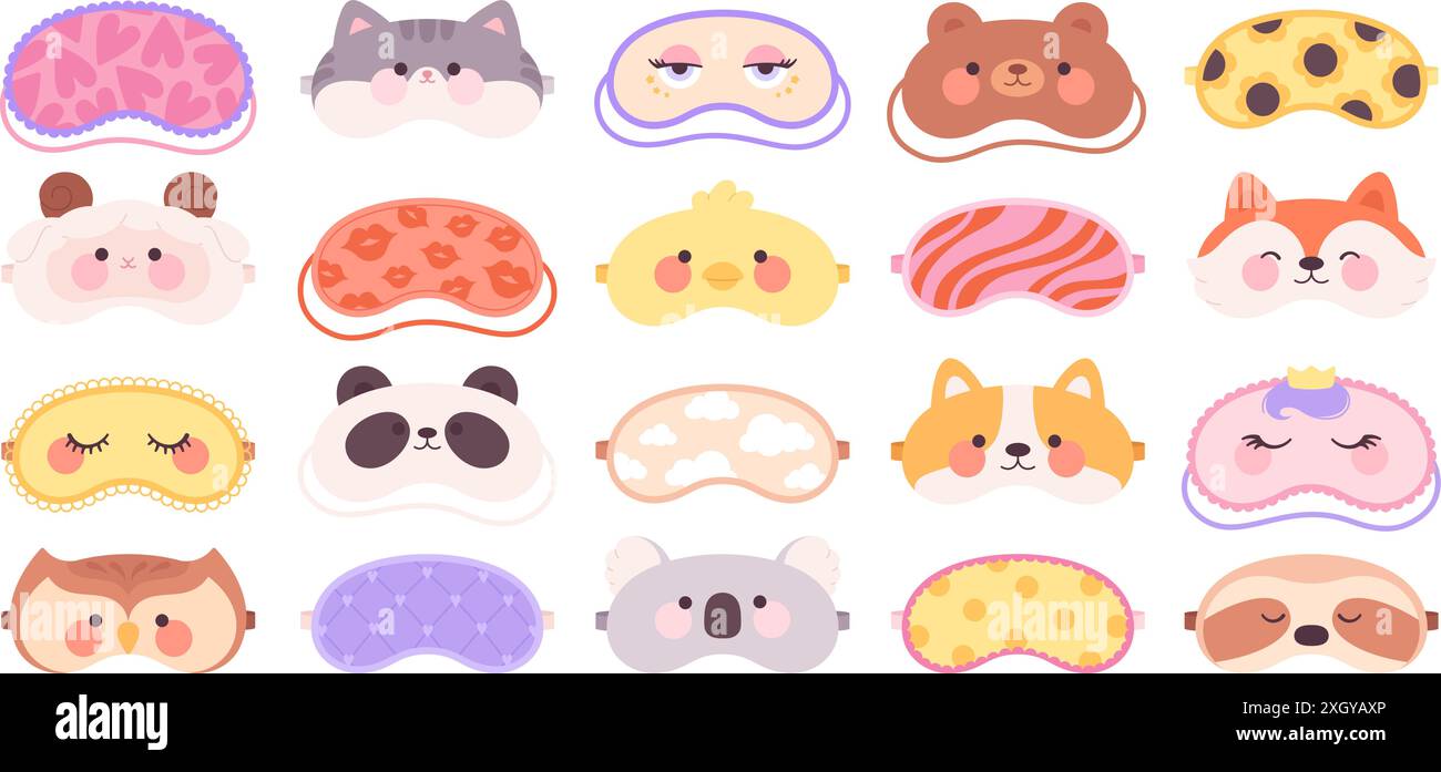 Schlafmaske. Verschiedene Masken für bequemes Schlafen zu Hause auf Reisen im Auto. Tourismuszubehör, Nachtschutz für Augen mit Dekor, rassig Stock Vektor