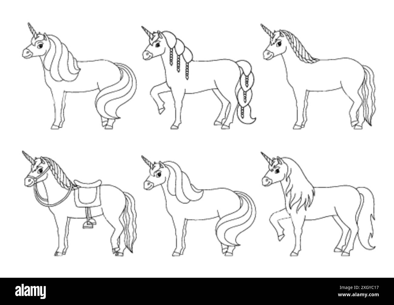 Niedliches Einhorn. Magisches Feenpferd. Malbuch Seite für Kinder. Cartoon-Stil. Vektordarstellung auf weißem Hintergrund isoliert. Stock Vektor