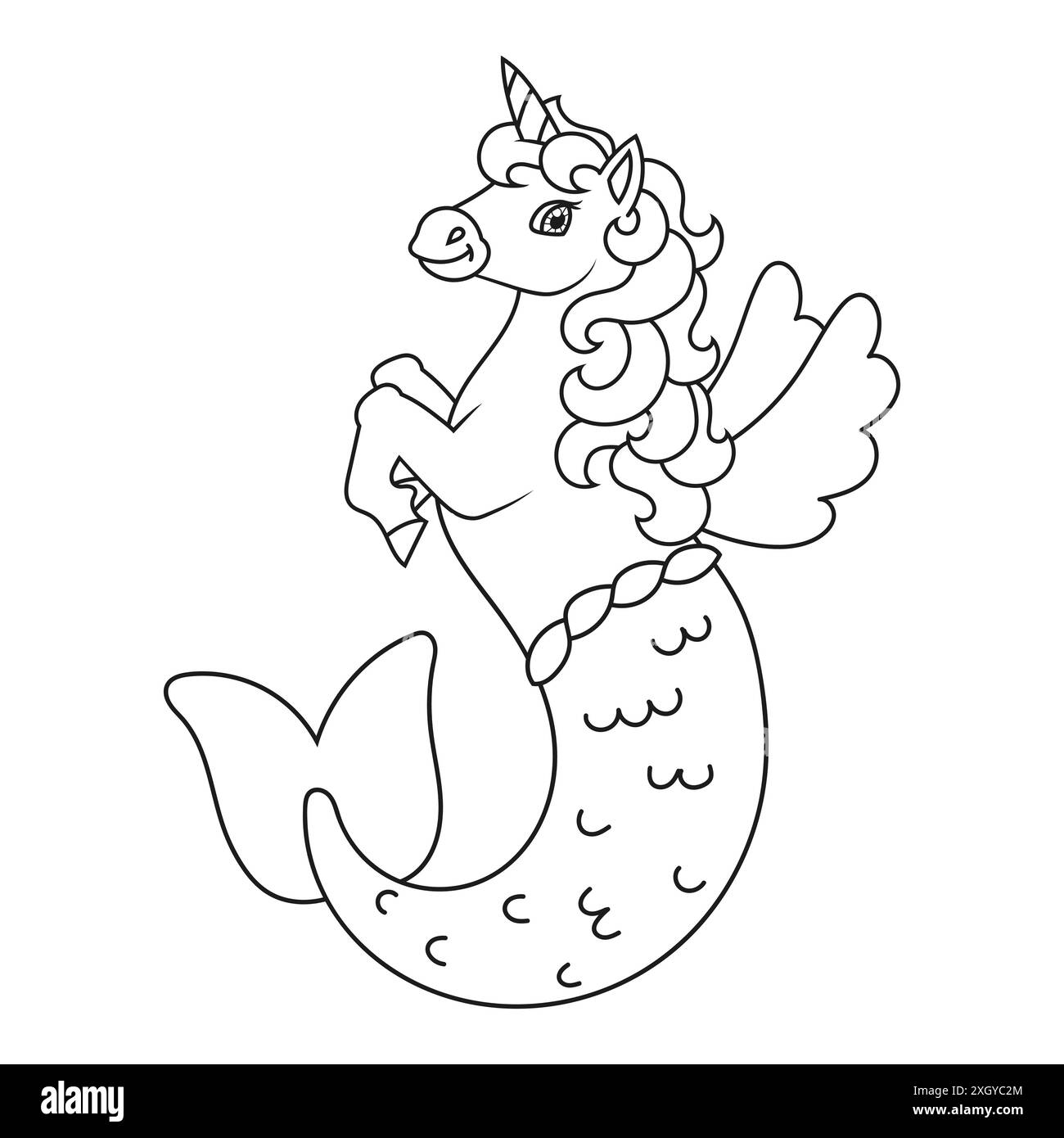 Niedliches Meerjungfrau-Einhorn. Magisches Feenpferd. Malbuch-Seite für Kinder. Zeichentrickstil. Vektorillustration isoliert auf weißem Hintergrund. Stock Vektor