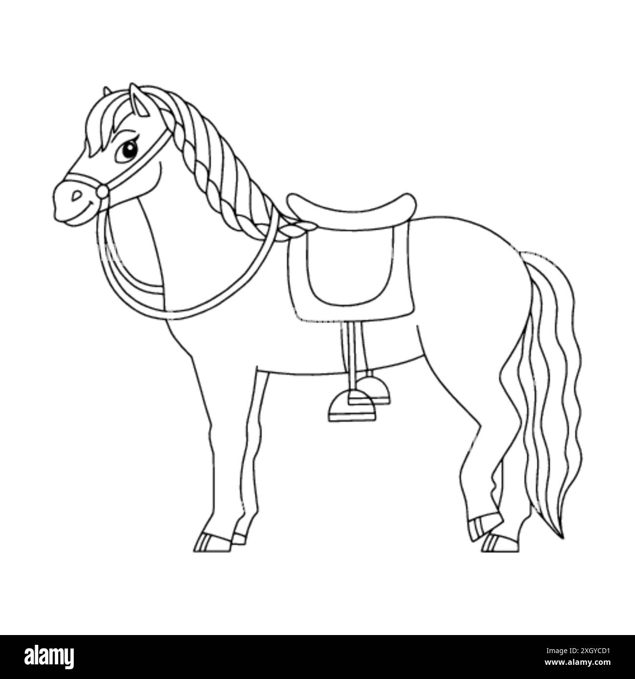 Niedliches Pferd. Nutztier. Malbuch Seite für Kinder. Cartoon-Stil. Vektordarstellung auf weißem Hintergrund isoliert. Stock Vektor