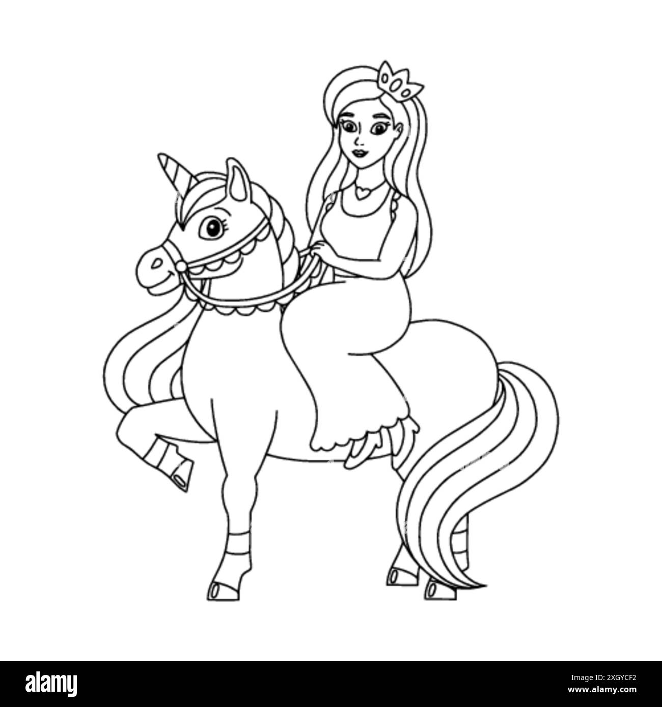 Die Prinzessin reitet auf einem Einhorn. Malbuch-Seite für Kinder. Figur im Cartoon-Stil. Vektorillustration isoliert auf weißem Hintergrund. Stock Vektor