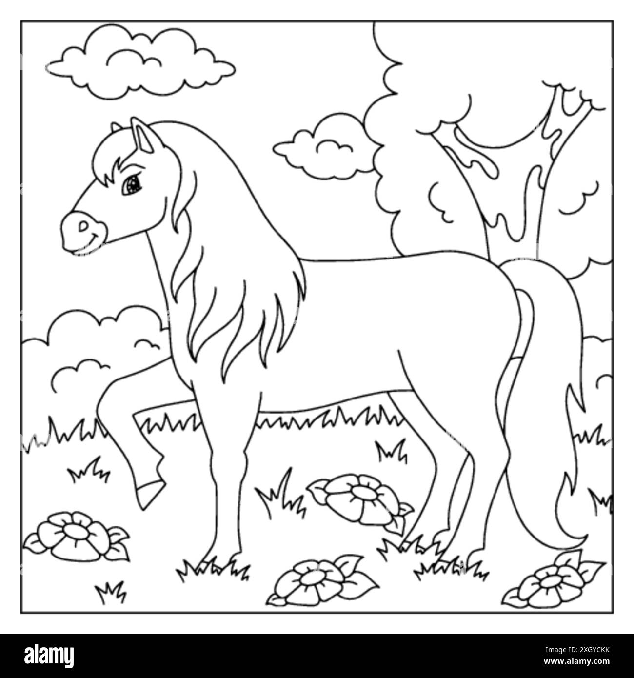 Niedliches Pferd. Nutztier. Malbuch Seite für Kinder. Cartoon-Stil. Vektordarstellung auf weißem Hintergrund isoliert. Stock Vektor