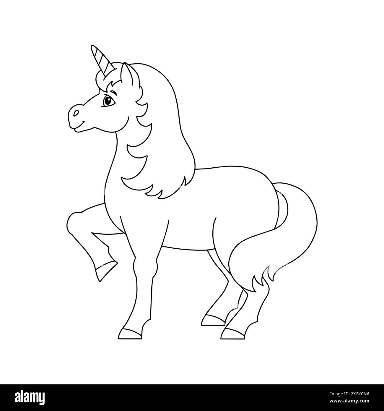 Niedliches Einhorn. Magisches Feenpferd. Malbuch Seite für Kinder. Cartoon-Stil. Vektordarstellung auf weißem Hintergrund isoliert. Stock Vektor