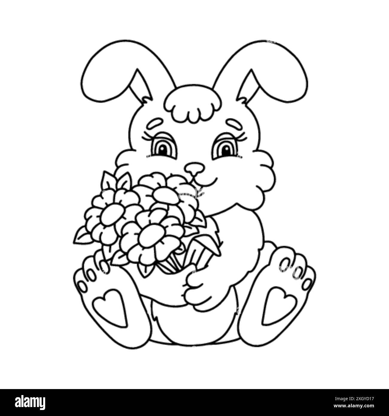 Das Kaninchen hält einen Blumenstrauß in seinen Pfoten. Malbuch Seite für Kinder. Zeichentrickfigur. Vektorgrafik isoliert auf weißem BA Stock Vektor