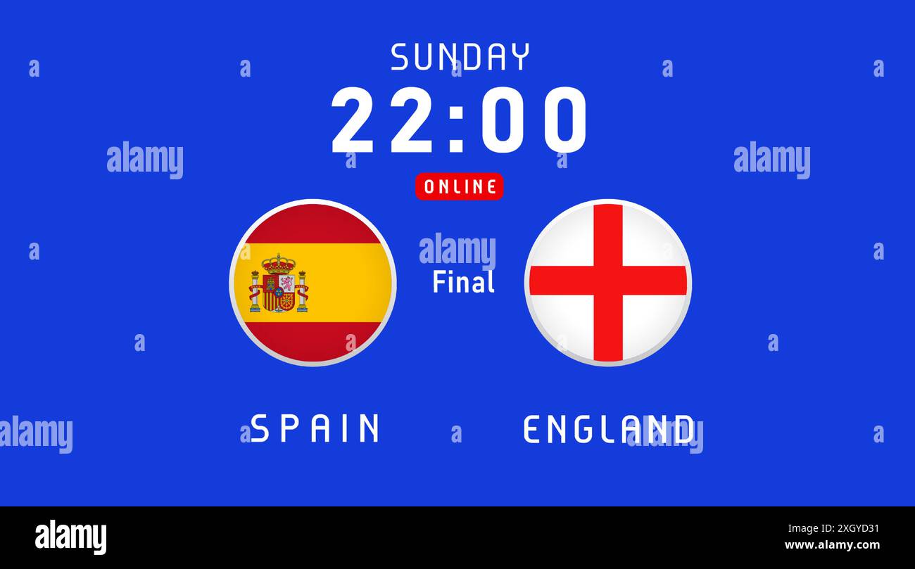 Spanien gegen England Finale, Juli 2024, Flaggenembleme. Vektorhintergrund mit spanischen und englischen Flaggen für TV- oder Nachrichtensendungen Stock Vektor