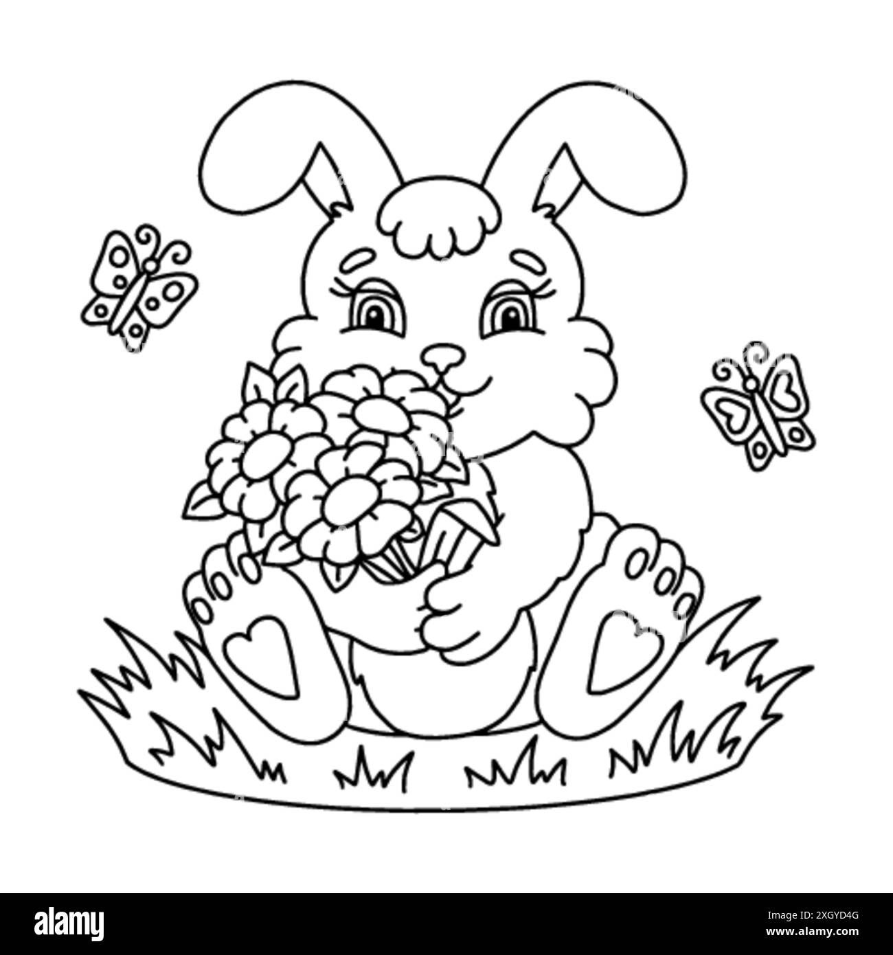 Das Kaninchen hält einen Blumenstrauß in seinen Pfoten. Malbuch Seite für Kinder. Zeichentrickfigur. Vektorgrafik isoliert auf weißem BA Stock Vektor