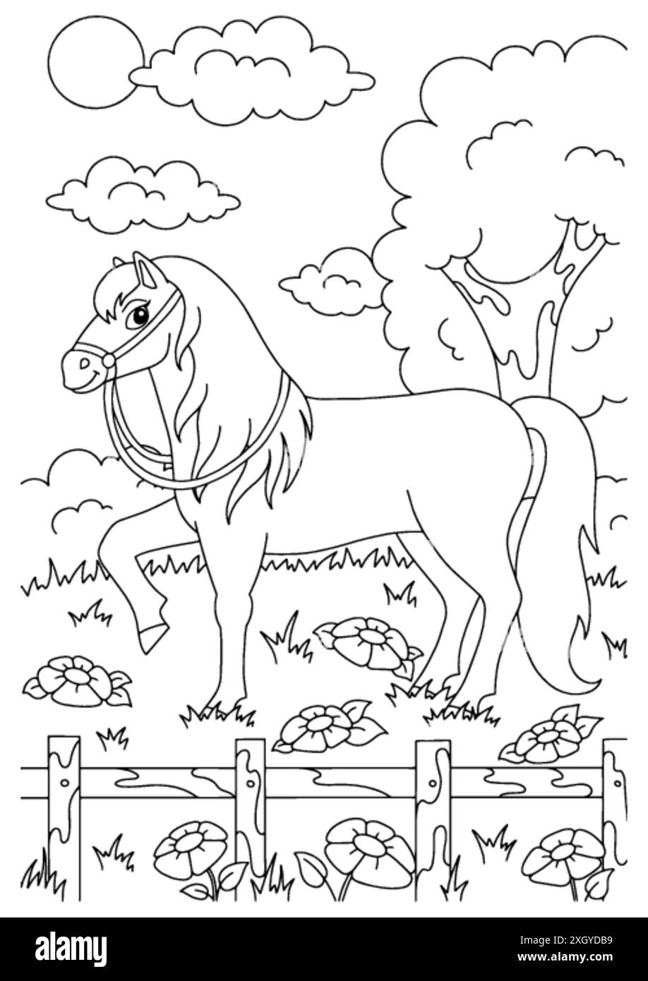 Niedliches Pferd. Nutztier. Malbuch Seite für Kinder. Cartoon-Stil. Vektordarstellung auf weißem Hintergrund isoliert. Stock Vektor