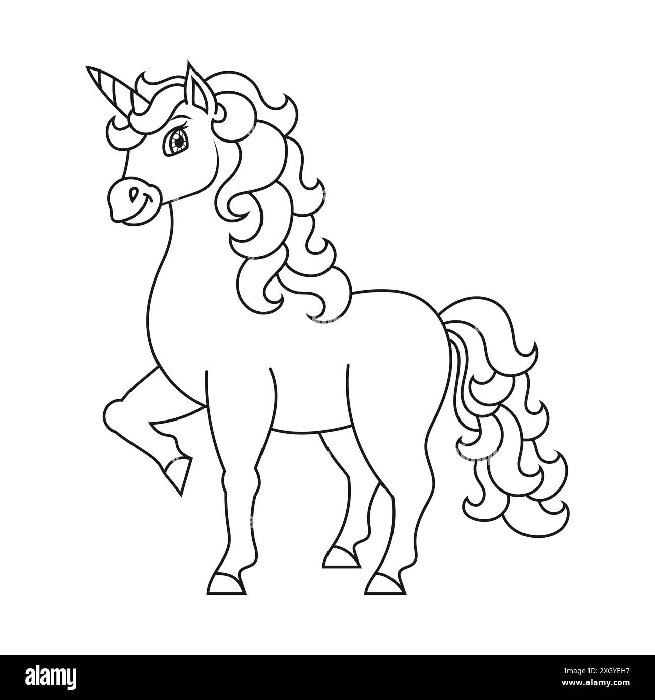 Niedliches Einhorn. Magisches Feenpferd. Malbuch Seite für Kinder. Cartoon-Stil. Vektordarstellung auf weißem Hintergrund isoliert. Stock Vektor