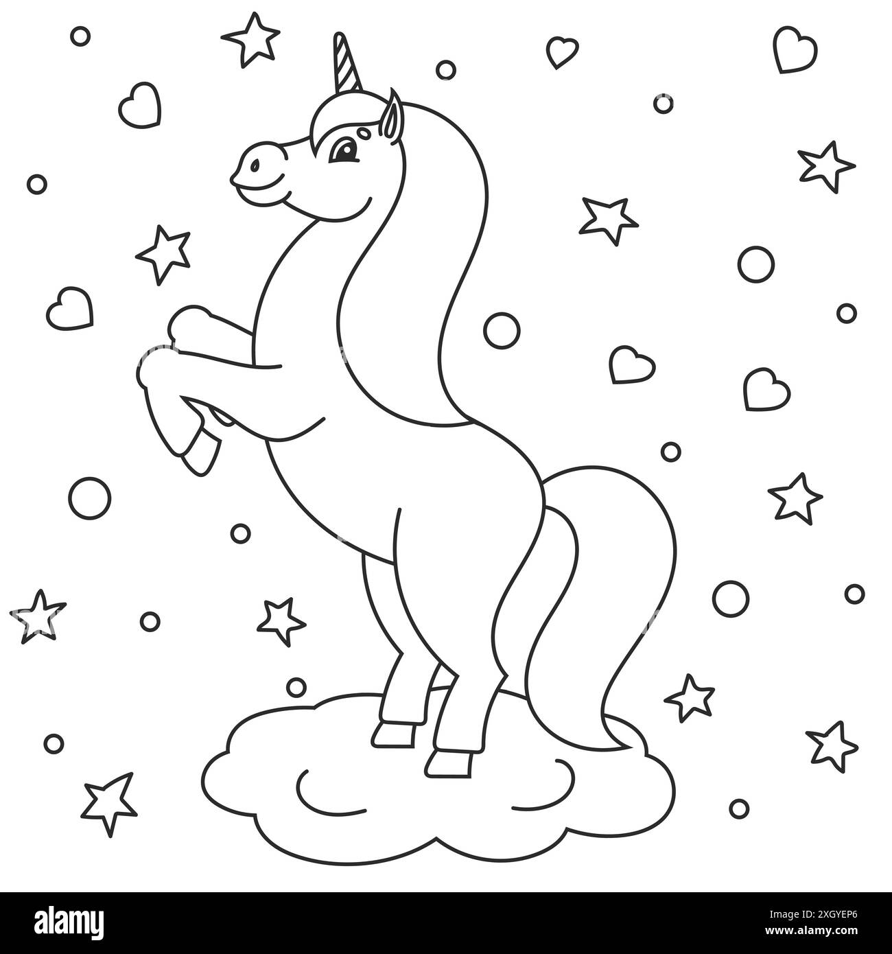 Malbuch für Kinder. Das magische Einhorn hat sich aufgezogen. Das Tierpferd steht auf seinen Hinterbeinen. Zeichentrickstil. Einfache Illustration des flachen Vektors. Stock Vektor