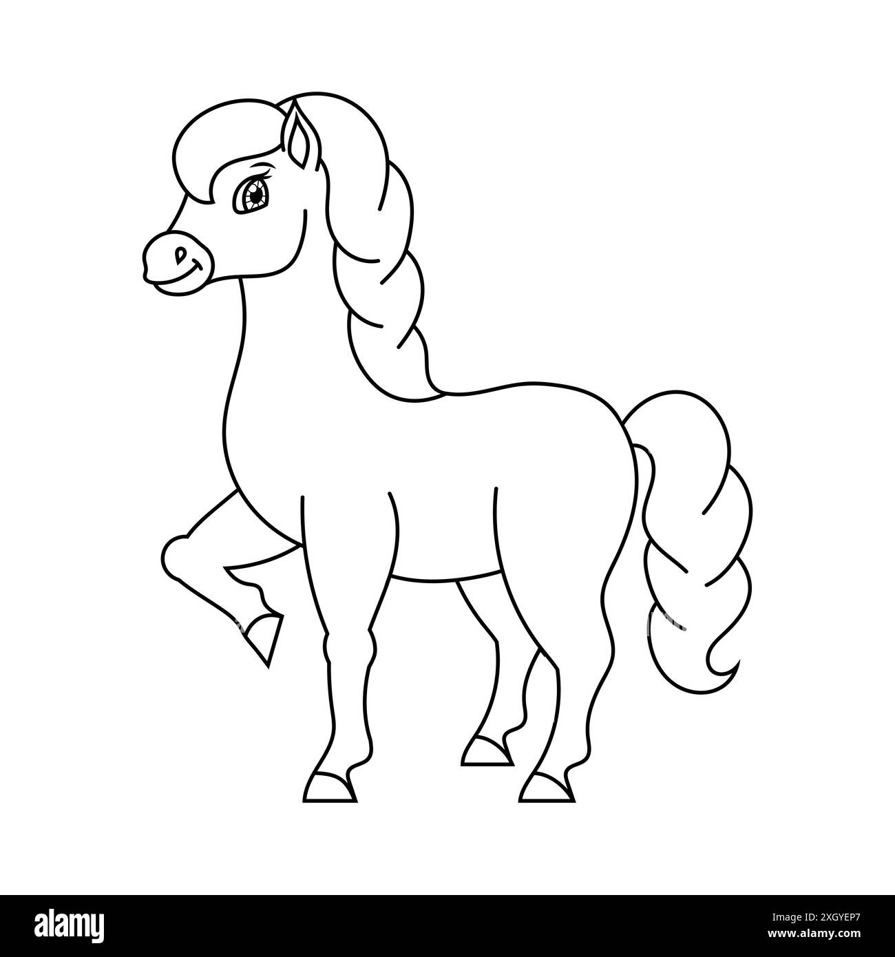 Niedliches Pferd. Nutztier. Malbuch Seite für Kinder. Cartoon-Stil. Vektordarstellung auf weißem Hintergrund isoliert. Stock Vektor