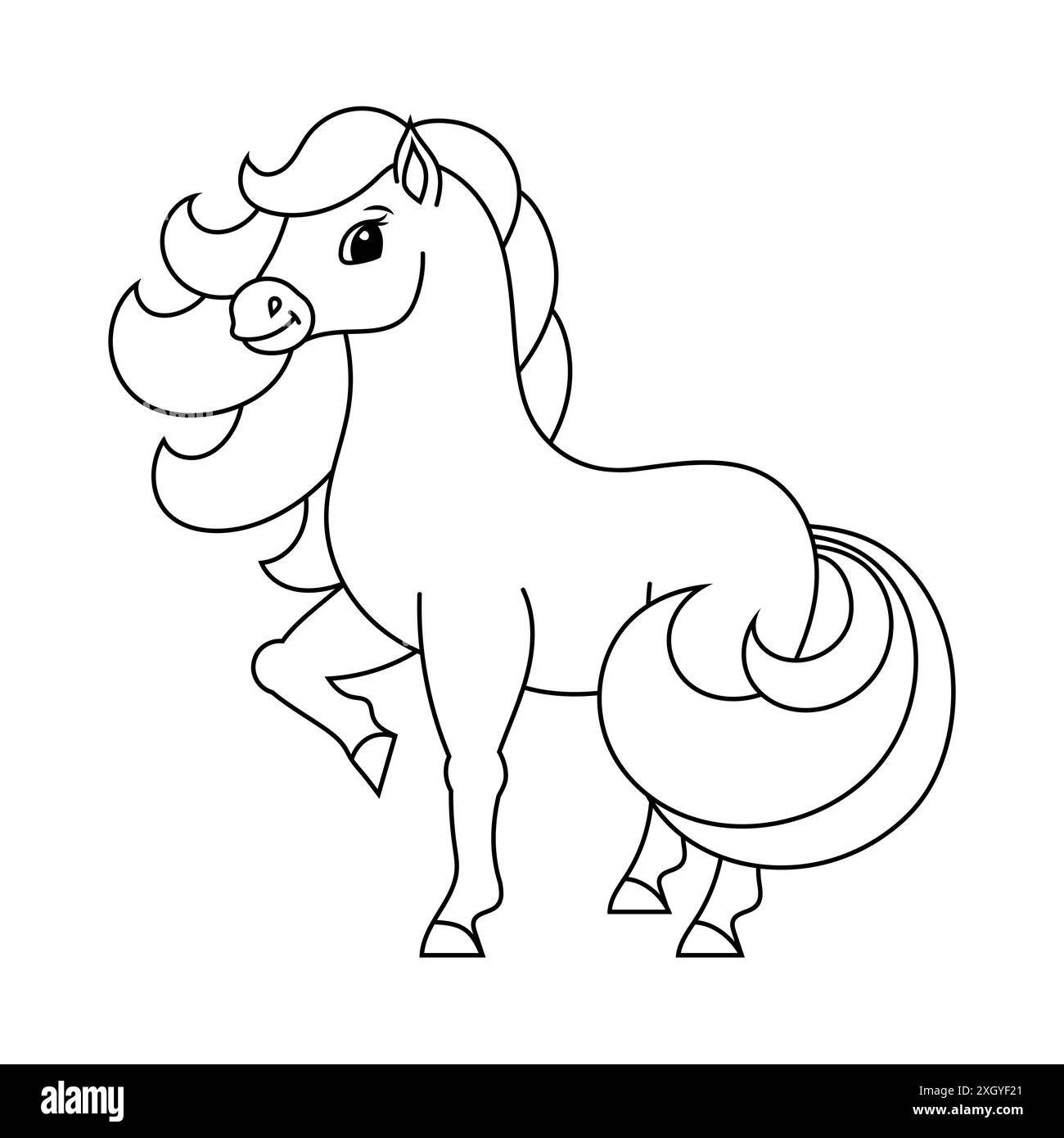 Niedliches Pferd. Nutztier. Malbuch Seite für Kinder. Cartoon-Stil. Vektordarstellung auf weißem Hintergrund isoliert. Stock Vektor