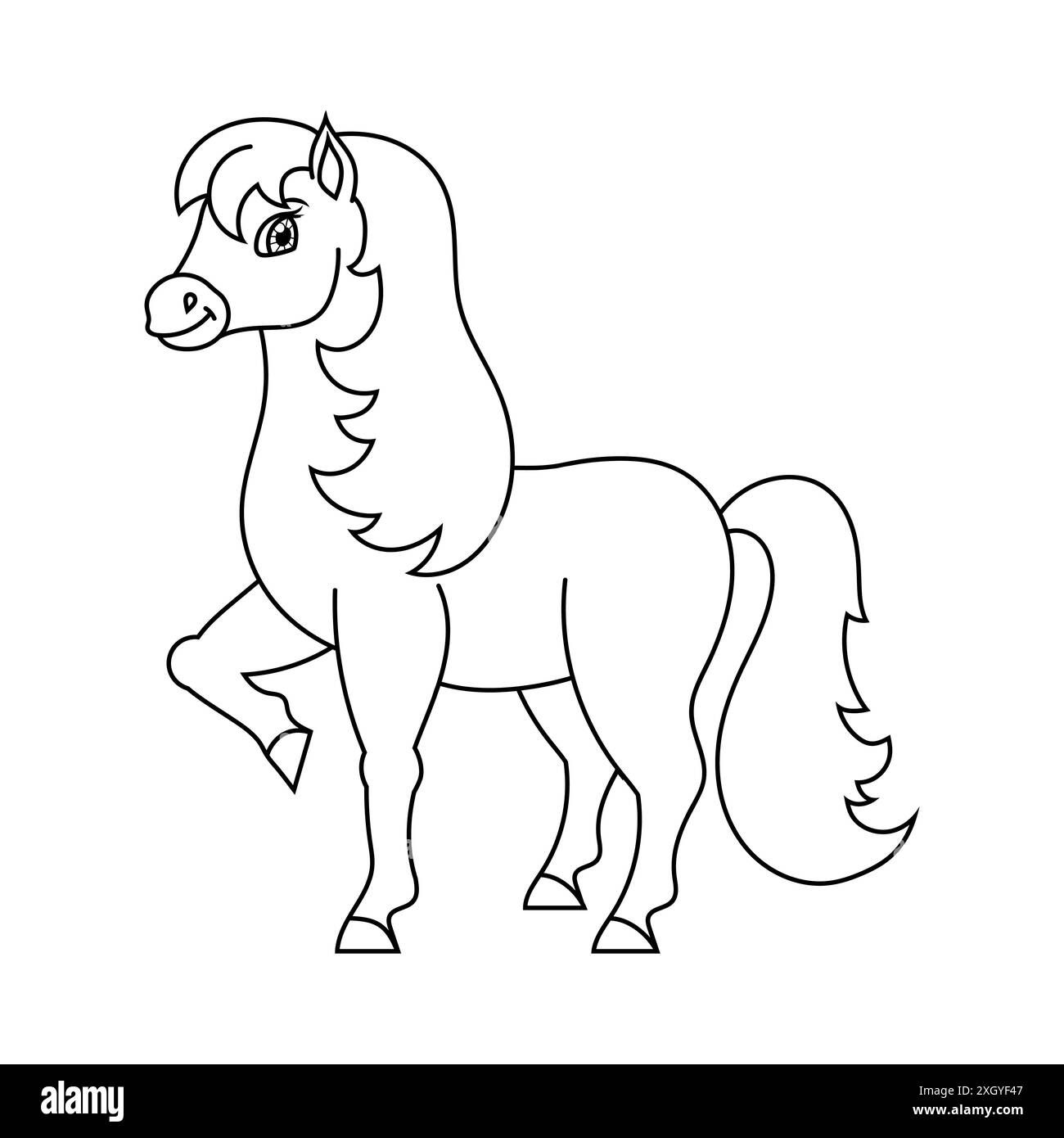 Niedliches Pferd. Nutztier. Malbuch Seite für Kinder. Cartoon-Stil. Vektordarstellung auf weißem Hintergrund isoliert. Stock Vektor