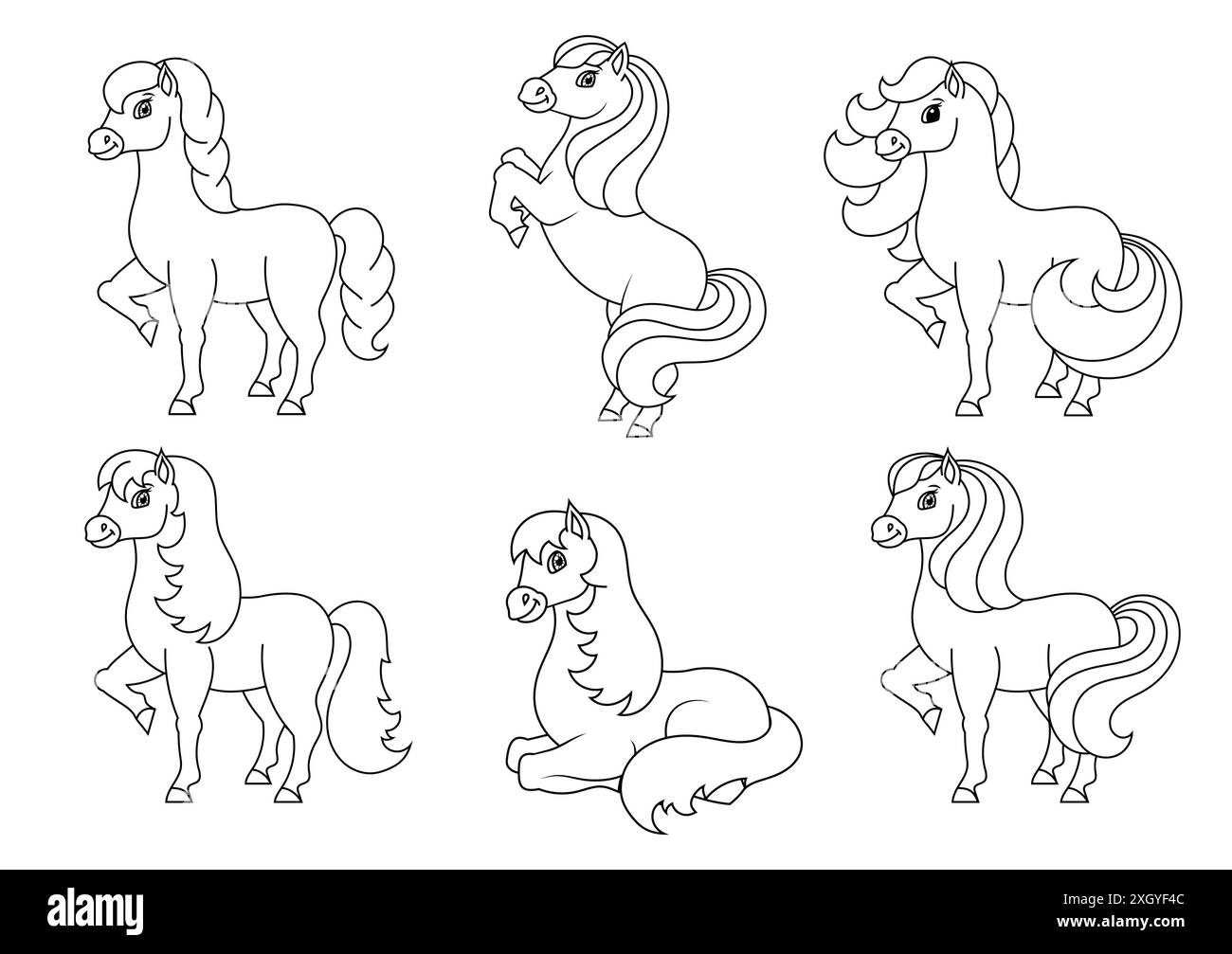 Niedliches Pferd. Nutztier. Malbuch Seite für Kinder. Cartoon-Stil. Vektordarstellung auf weißem Hintergrund isoliert. Stock Vektor