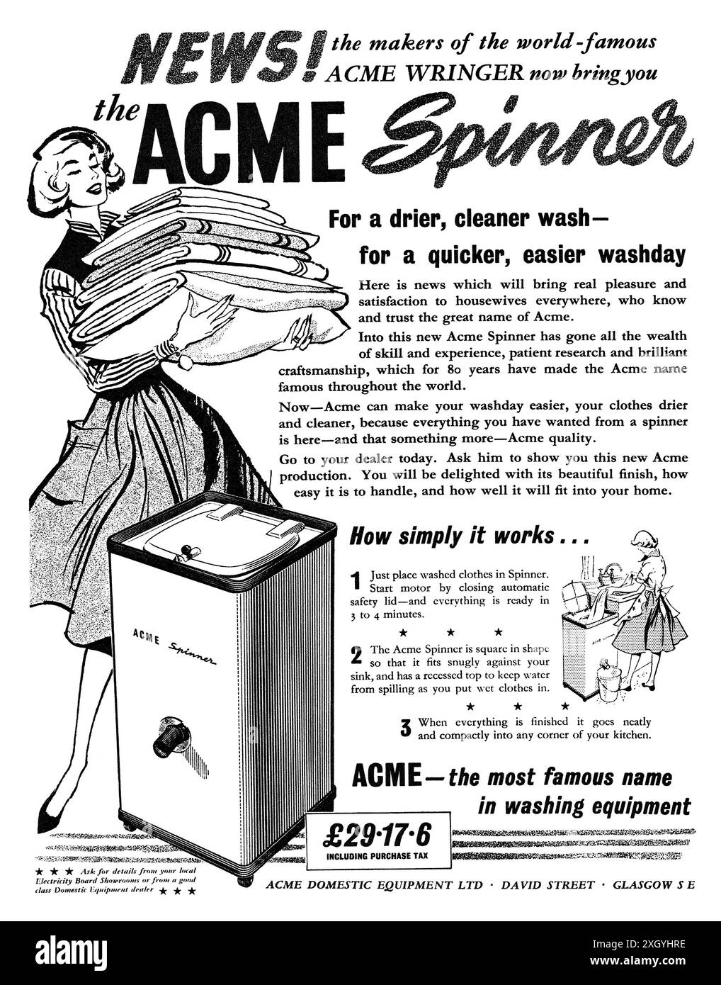 1959 britische Werbung für den Acme Spinner, einen Schleudertrockner für Wäsche. Stockfoto