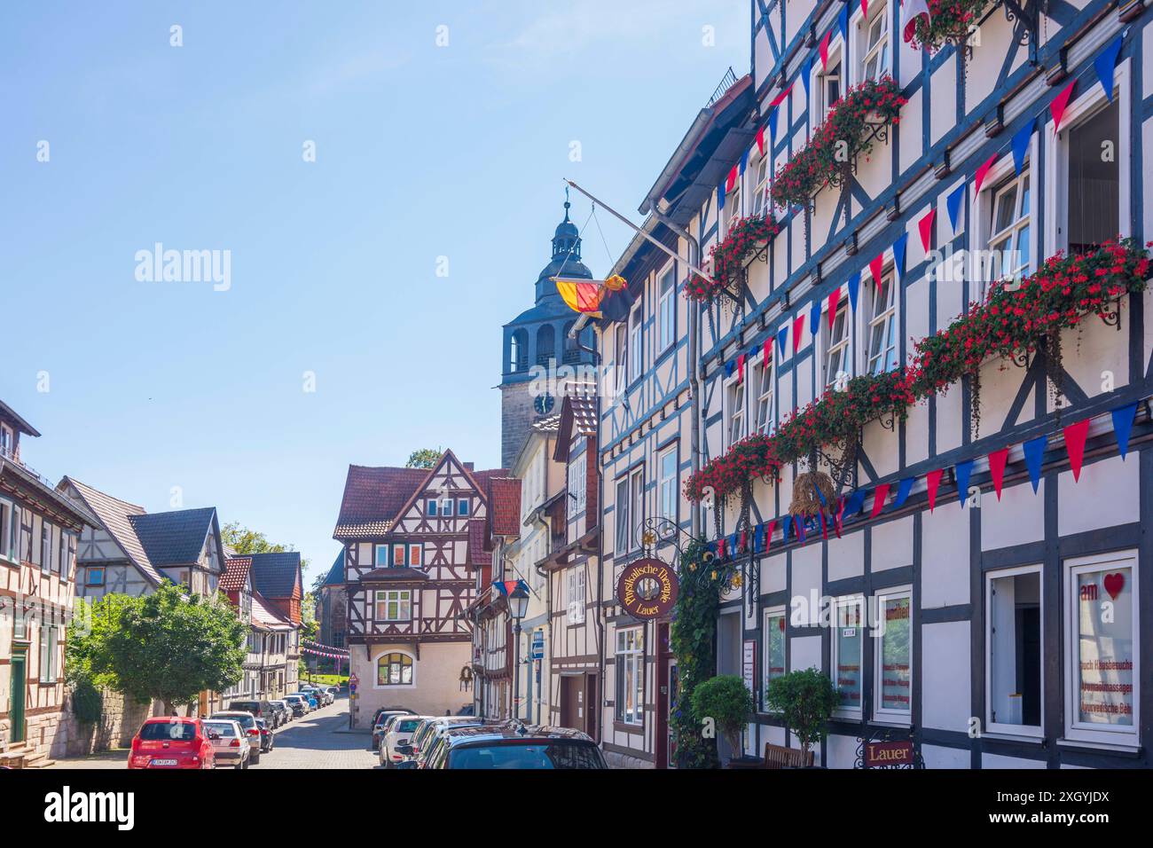 Altstadt, Fachwerkhäuser, Kirche St. Crucis in Allendorf Bad Sooden-Allendorf Nordhessen Hessen, Hessen Deutschland Stockfoto