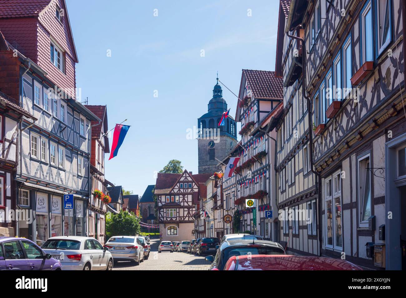 Altstadt, Fachwerkhäuser, Kirche St. Crucis in Allendorf Bad Sooden-Allendorf Nordhessen Hessen, Hessen Deutschland Stockfoto