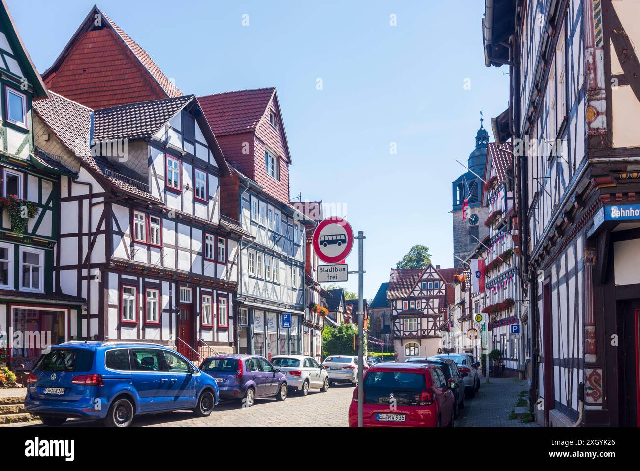 Altstadt, Fachwerkhäuser, Kirche St. Crucis in Allendorf Bad Sooden-Allendorf Nordhessen Hessen, Hessen Deutschland Stockfoto
