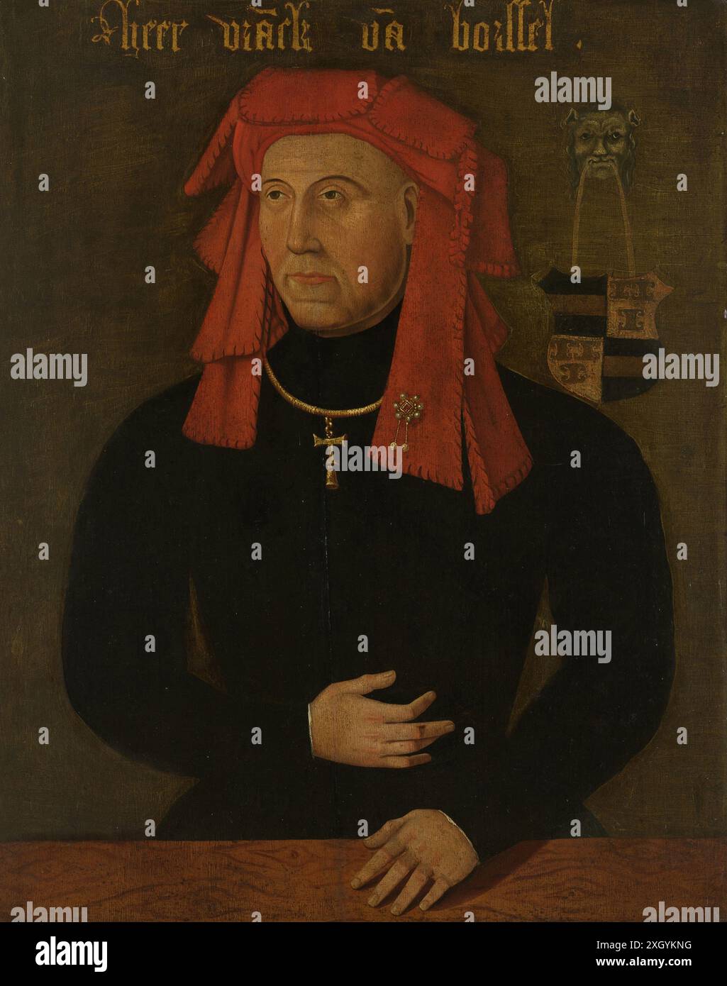 Porträt von Frank van Borselen (gestorben 1470). Vierter Ehemann von Jacqueline von Bayern. Statthalter von Zeeland. Auf halber Länge, hinter einem Holztisch stehend, leicht nach links gerichtet. Eine Kette mit dem Kreuz des Ordens des Heiligen Antonius. Sein Wappen oben rechts. Kopie aus dem 16. Jahrhundert nach einem verlorenen Original aus der Zeit um 1435. Stockfoto