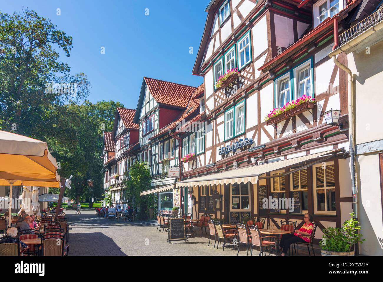 Straße Weinreihe, Park Kurpark in Bad Sooden, Freiluftrestaurant Bad Sooden-Allendorf Nordhessen Hessen, Hessen Deutschland Stockfoto