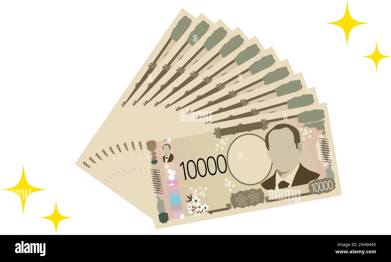 Zehn neue 10.000-Yen-Scheine übereinander gestapelt und eine glitzernde Sterndekoration, Vektor-Illustration Stock Vektor