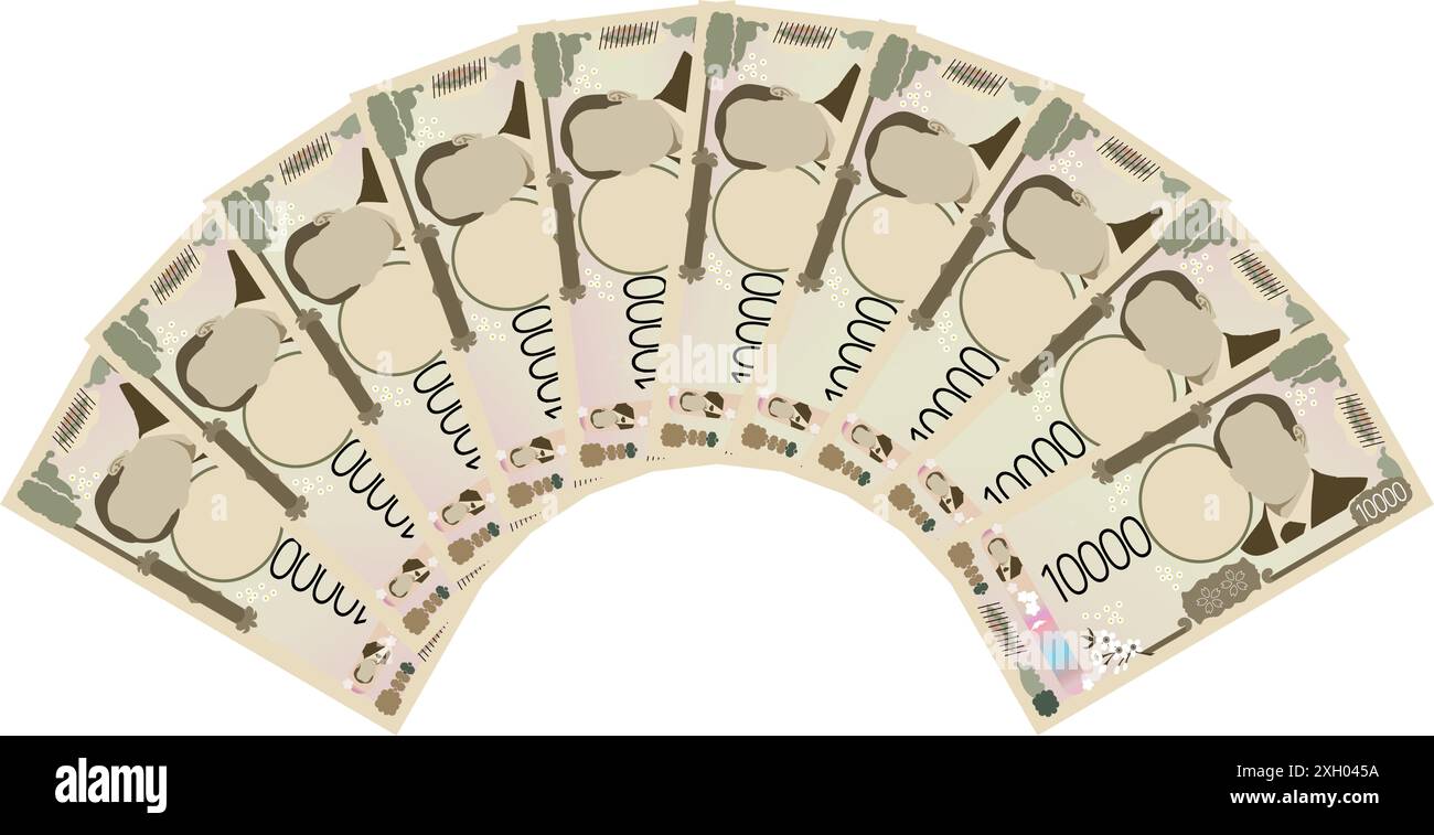 Neuer 10.000 Yen Schein für 100.000 Yen verteilt in Fächerform, Vektor-Illustration Stock Vektor