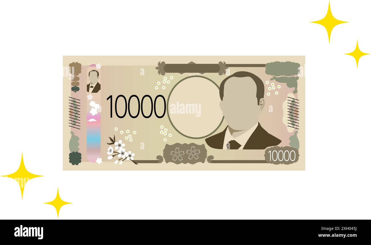 Neuer 10.000 Yen-Schein und glitzernde Sterndekoration, Vektor-Illustration Stock Vektor