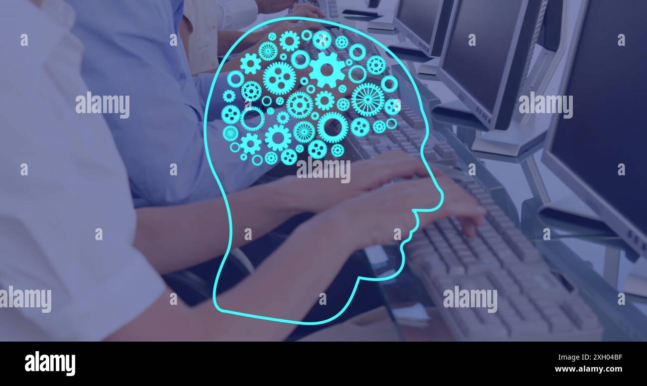 Bild eines Ai-Gehirns mit Zahnrädern über verschiedenen Menschen, die Computer benutzen Stockfoto