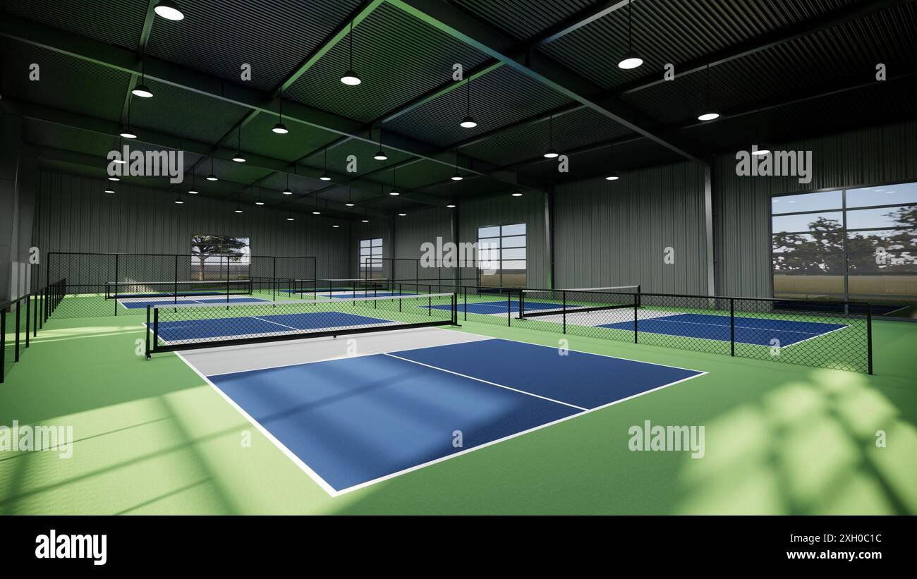 Ein Tennisplatz mit einer blauen, grünen und grauen Oberfläche Stockfoto