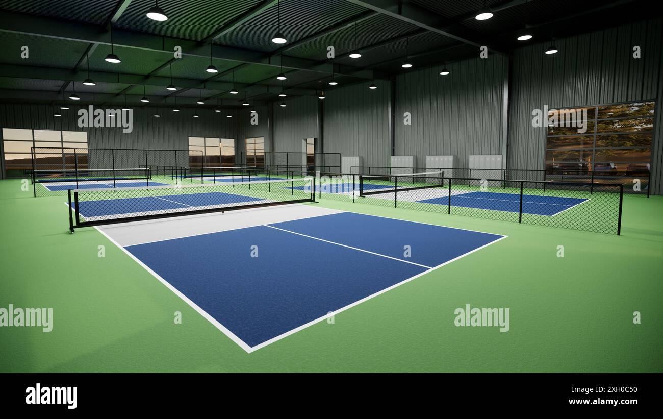 Ein Tennisplatz mit einer blauen, grünen und grauen Oberfläche Stockfoto