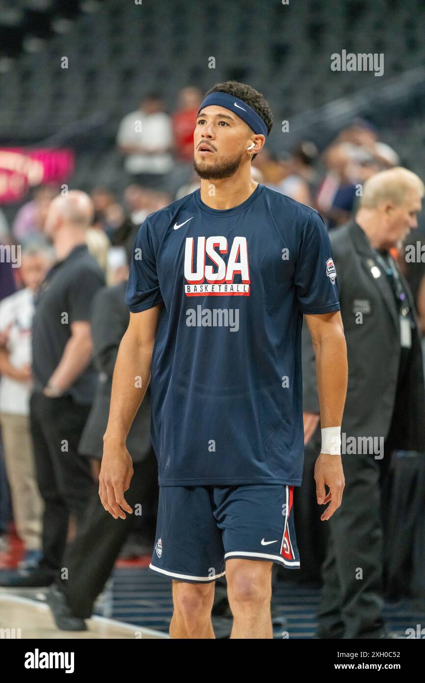 Phoenix Suns Shooting Guard Devin Booker wärmt vor dem Basketballspiel USA gegen Kanada in der T-Mobile Arena auf Stockfoto