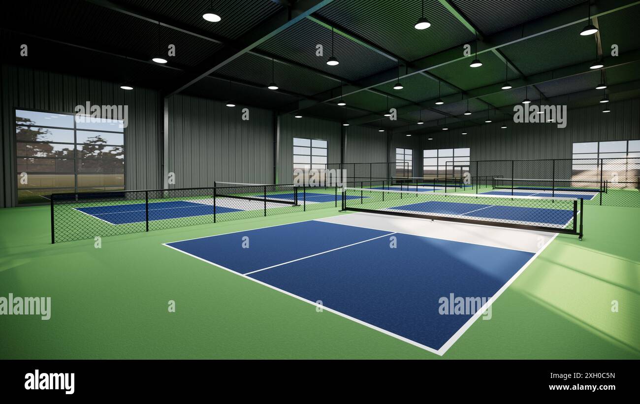 Ein Tennisplatz mit einer blauen, grünen und grauen Oberfläche Stockfoto