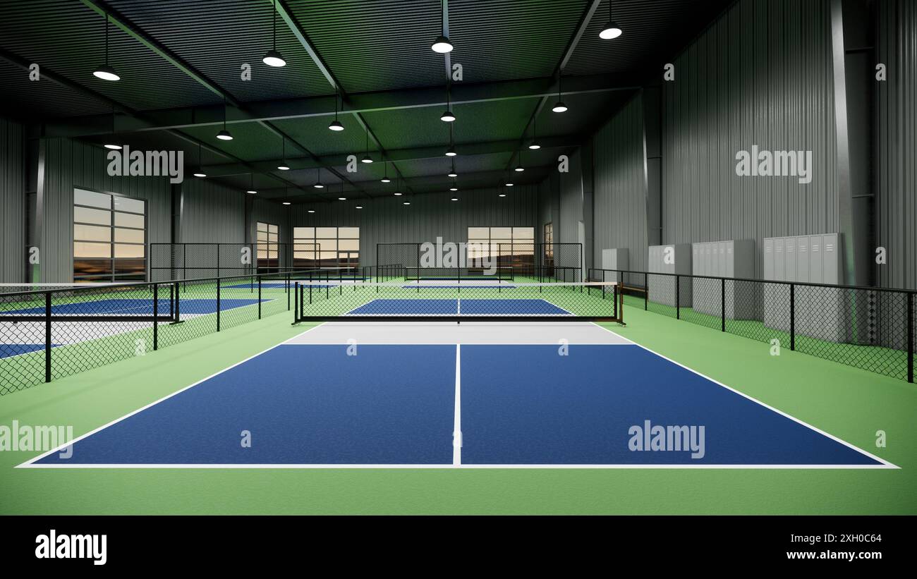 Ein Tennisplatz mit einer blauen, grünen und grauen Oberfläche Stockfoto