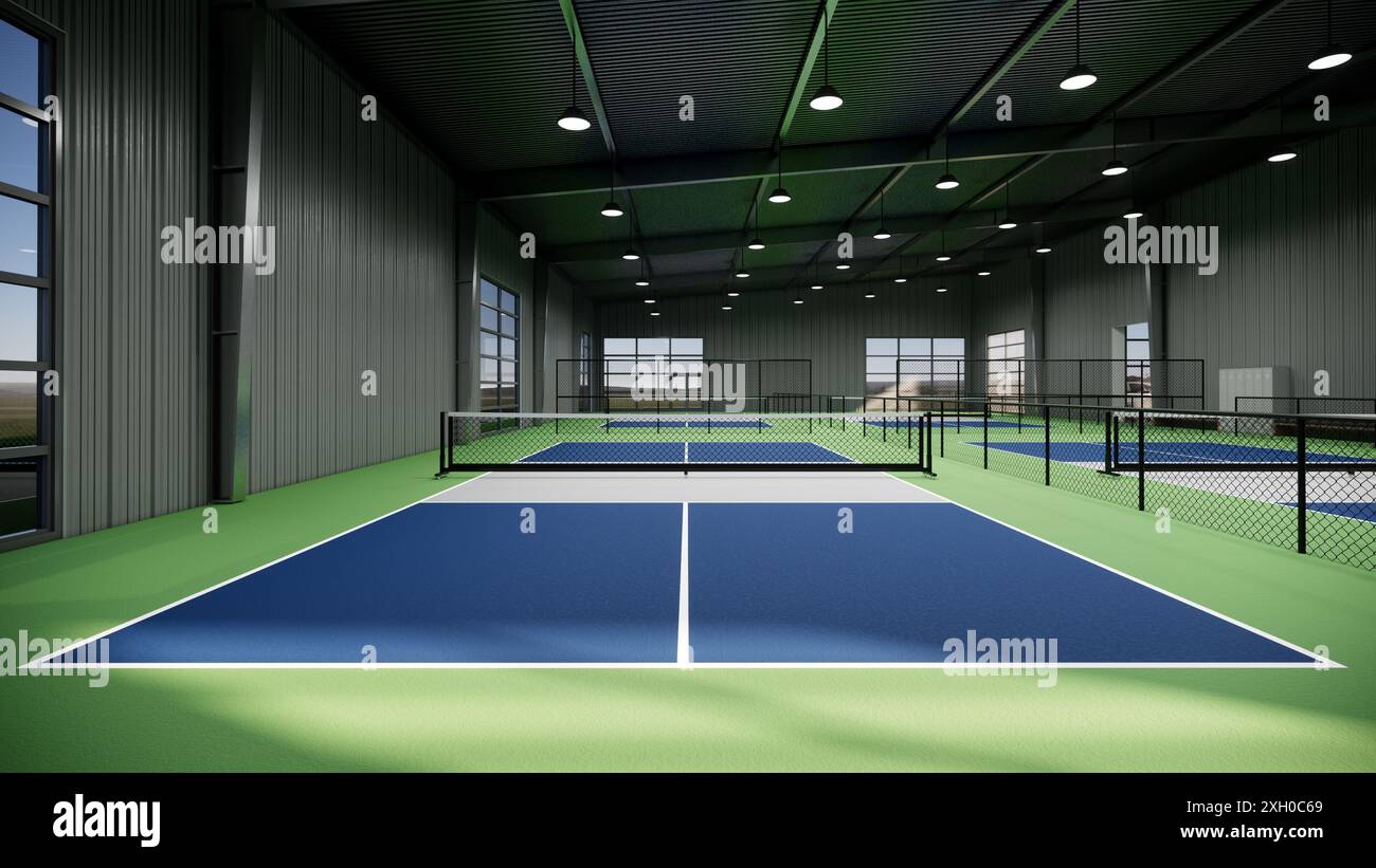 Ein Tennisplatz mit einer blauen, grünen und grauen Oberfläche Stockfoto