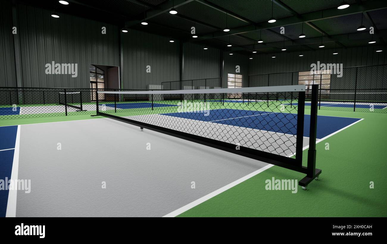 Ein Tennisplatz mit einer blauen, grünen und grauen Oberfläche Stockfoto