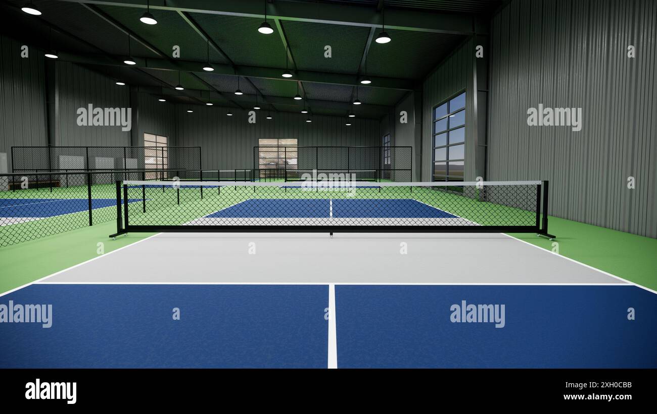 Ein Tennisplatz mit einer blauen, grünen und grauen Oberfläche Stockfoto