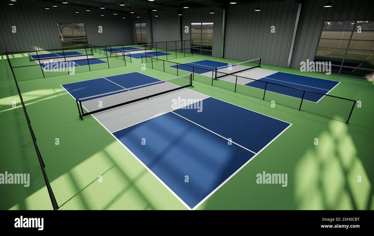 Ein Tennisplatz mit einer blauen, grünen und grauen Oberfläche Stockfoto