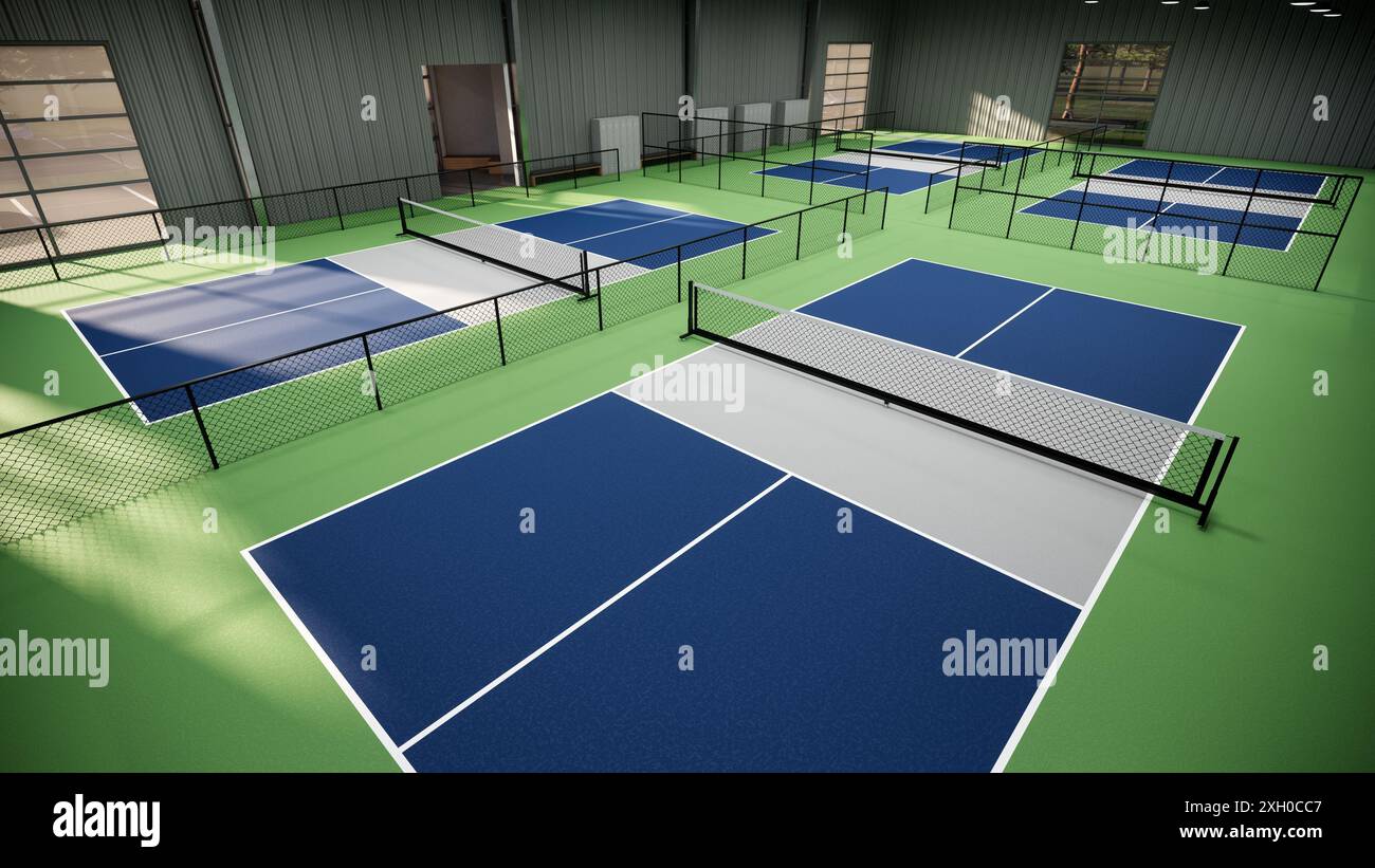 Ein Tennisplatz mit einer blauen, grünen und grauen Oberfläche Stockfoto