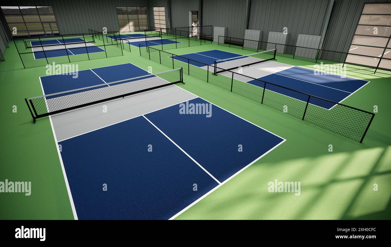 Ein Tennisplatz mit einer blauen, grünen und grauen Oberfläche Stockfoto