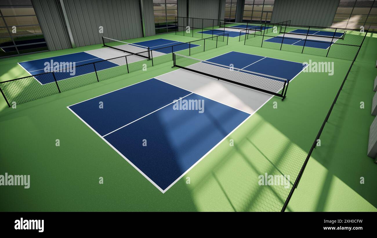 Ein Tennisplatz mit einer blauen, grünen und grauen Oberfläche Stockfoto