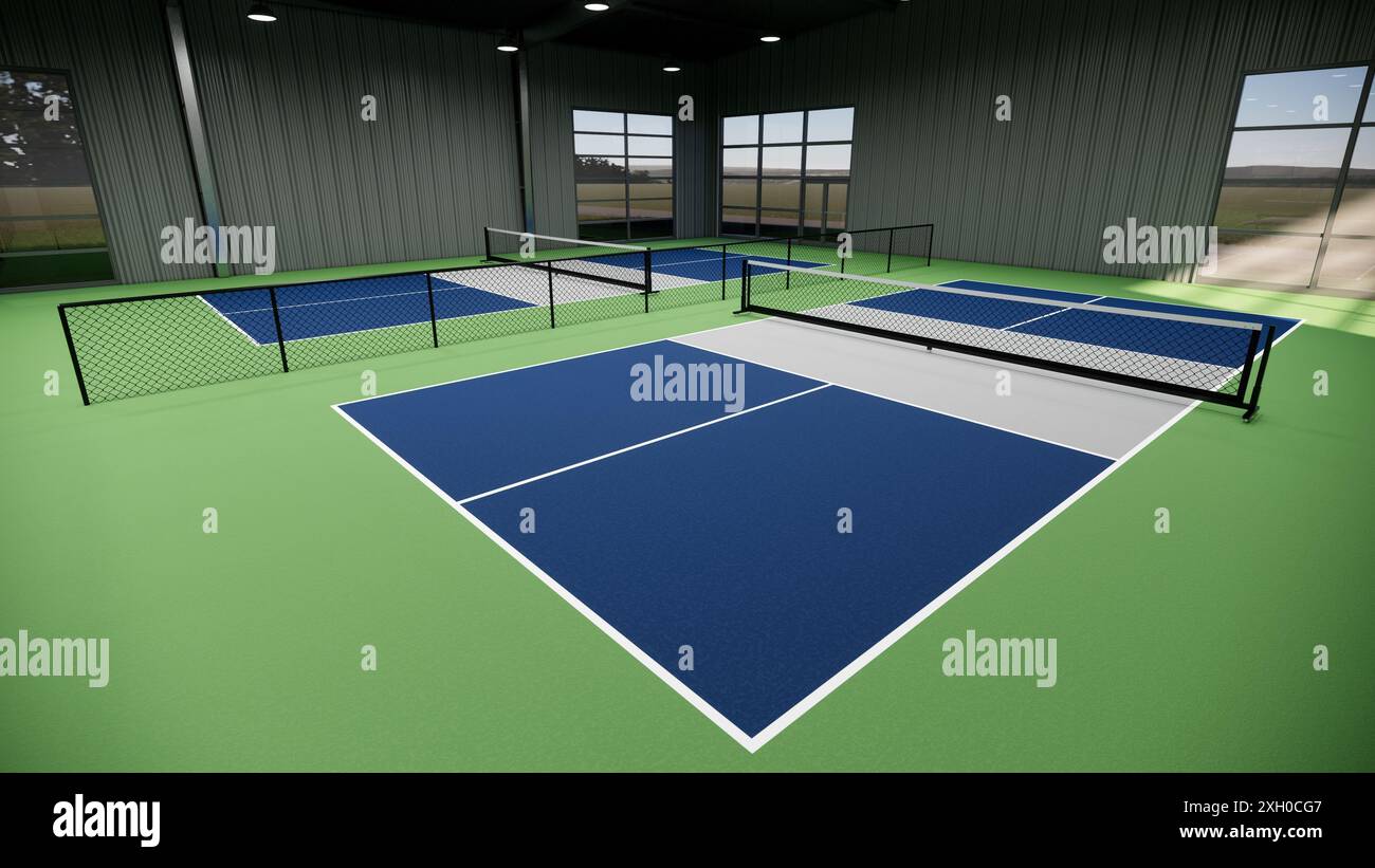 Ein Tennisplatz mit einer blauen, grünen und grauen Oberfläche Stockfoto