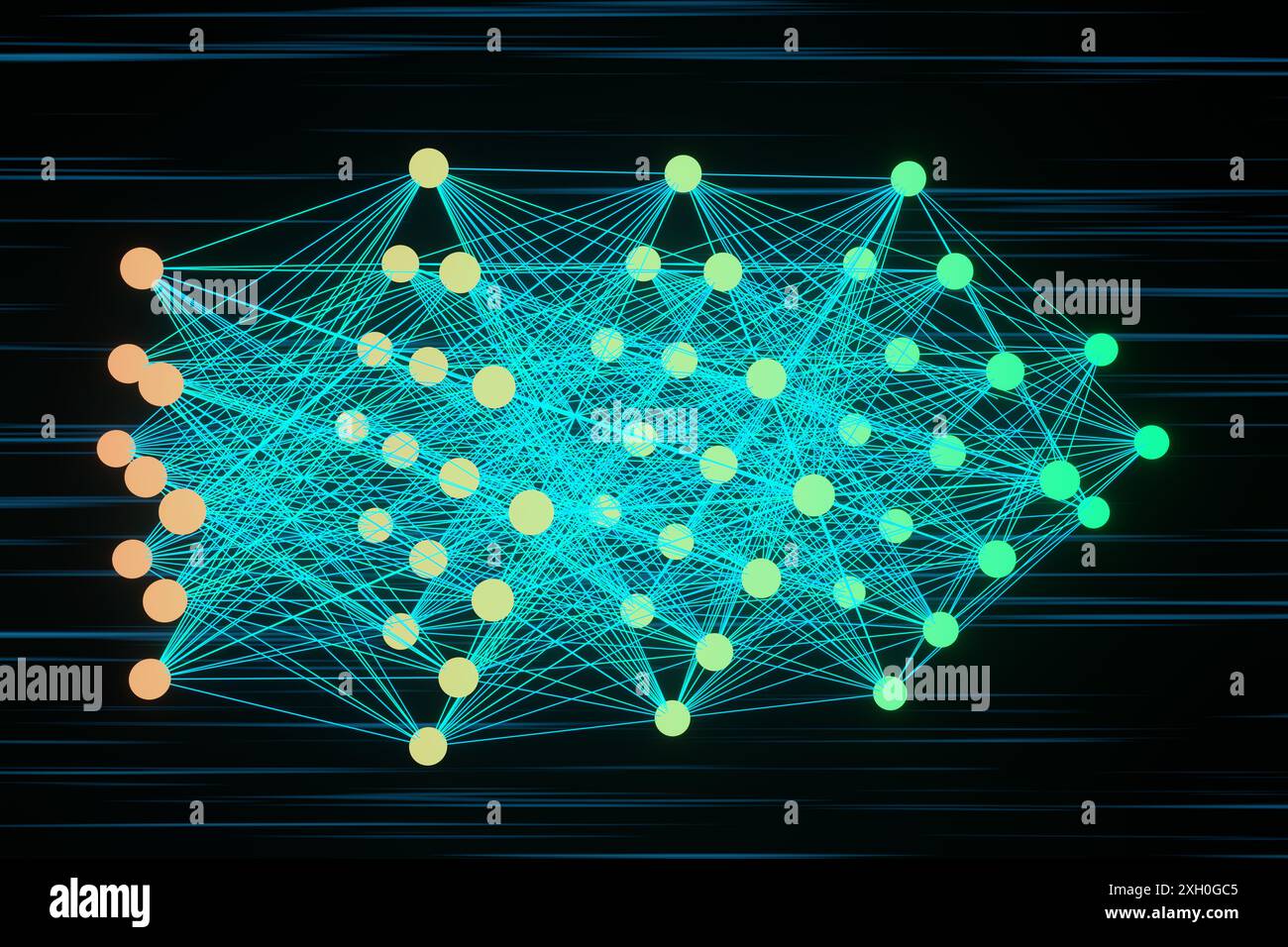 Schichten glühender Knoten, die mit der nächsten Schicht von Neuronen durch bläuliche grüne Linien auf schwarzem Hintergrund verbunden sind. Illustration des Begriffs des tiefen Neurals Stockfoto