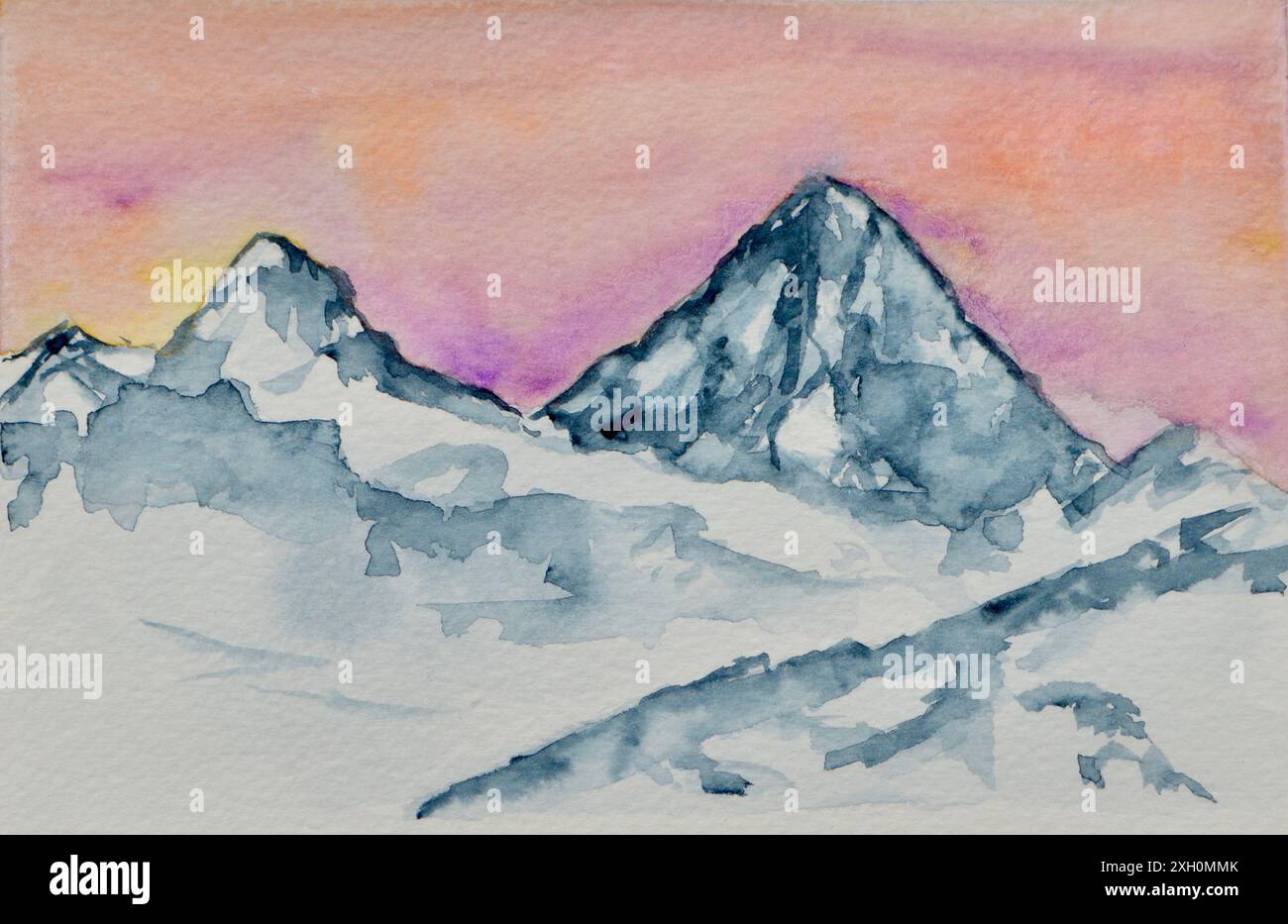 Kalte Berge Aquarellmalerei Illustrationskunst kalte Alpin Stockfoto