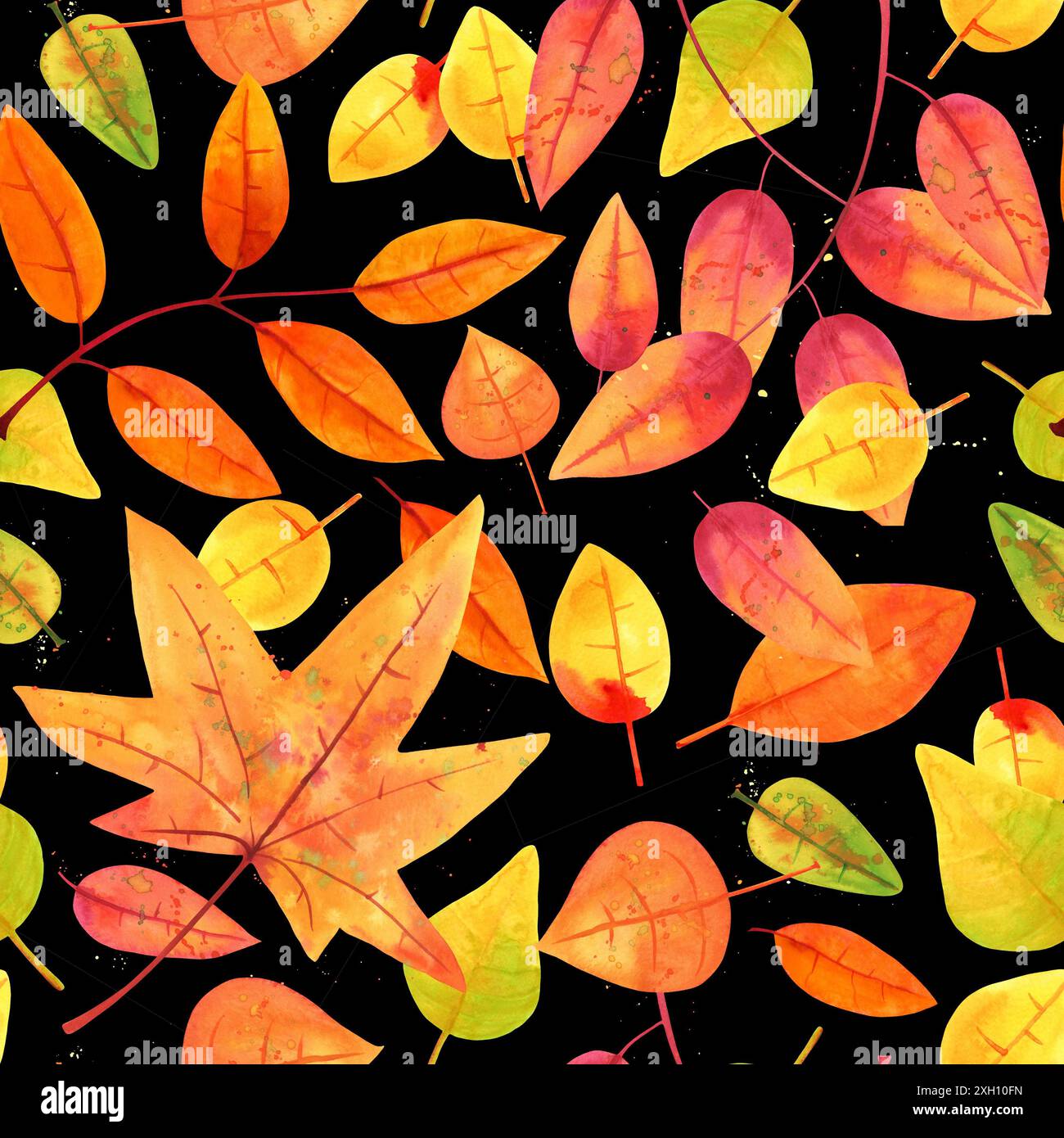 Botanischer Aquarell-Wiederholungsdruck mit gelben und orangen Herbstblättern, Nahtloses Muster auf Schwarz Stockfoto