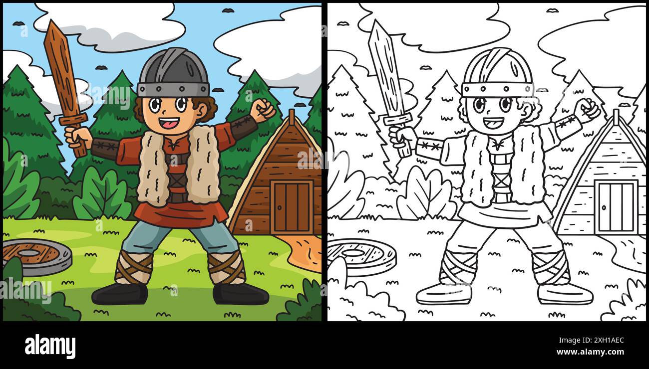 Wikingerkind mit Holzschwert Illustration Stock Vektor