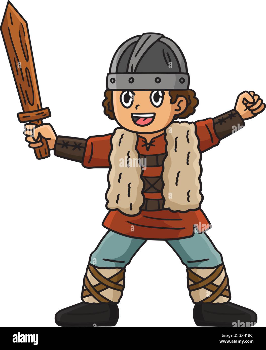Wikingerkind mit einem Holzschwert-Cartoon Clipart Stock Vektor