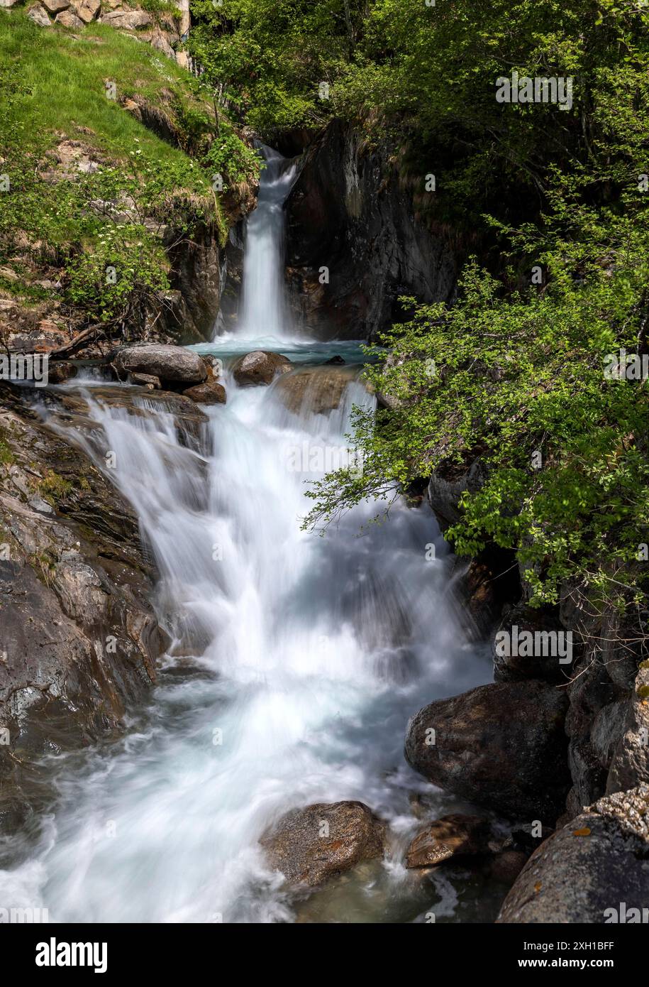 Kleiner Wasserfall am Zielbach oberhalb von Partschins, Südtirol Stockfoto